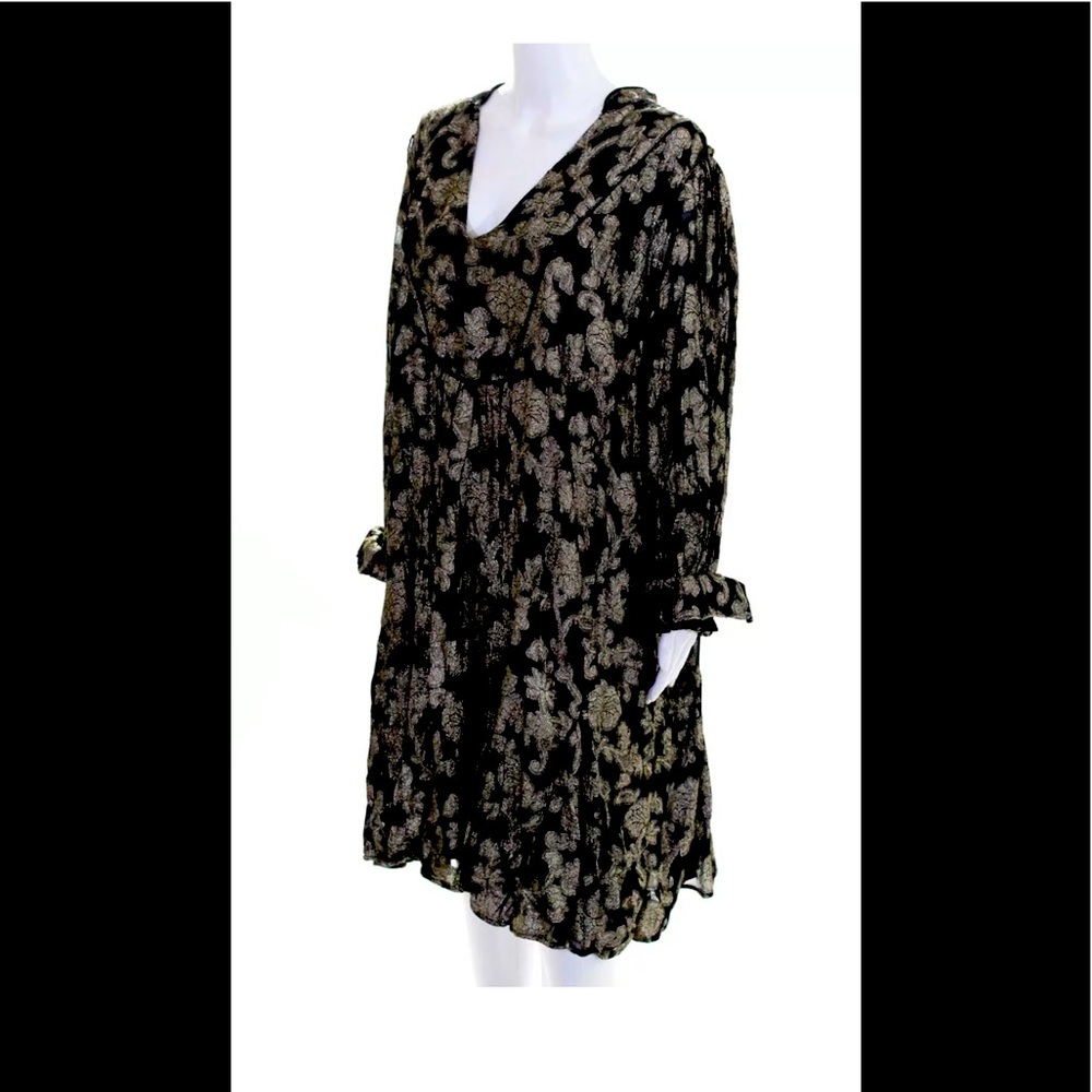 Anthropologie Long Sleeve Deep V-Neck Lurex Dress Black Gold Size 2X